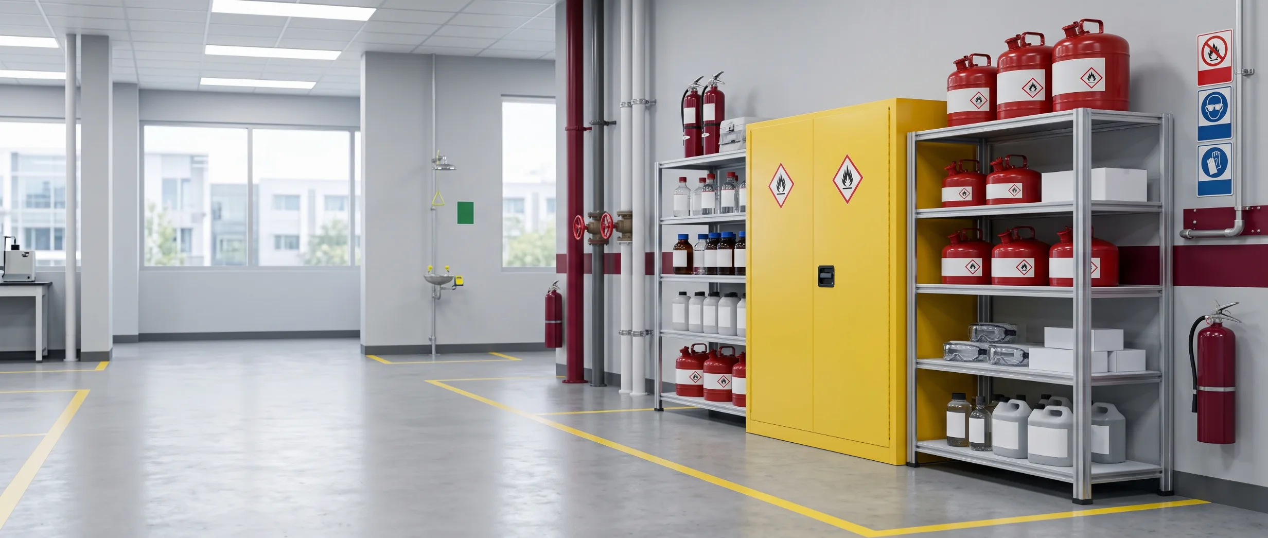 A laboratory safety area with a yellow flammables cabinet and red safety cans