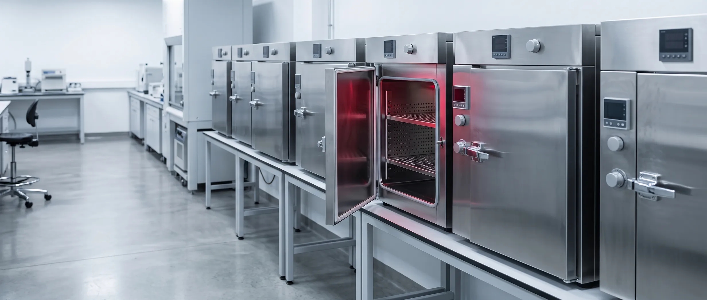 A row of stainless-steel laboratory ovens and incubators, one door open