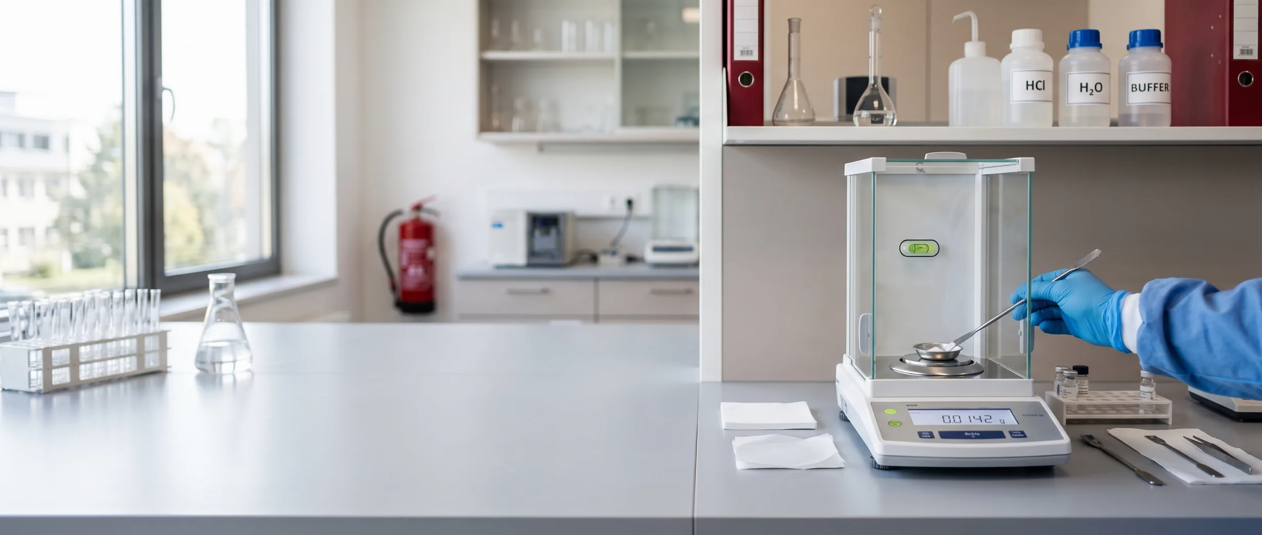 A gloved hand placing a sample on an analytical balance in a bright laboratory